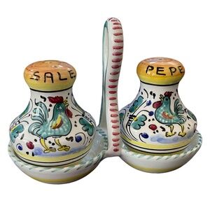 Deruta Italian - Rooster Salt & Pepper Shakers Set w/ Stand - Hand Painted Italy